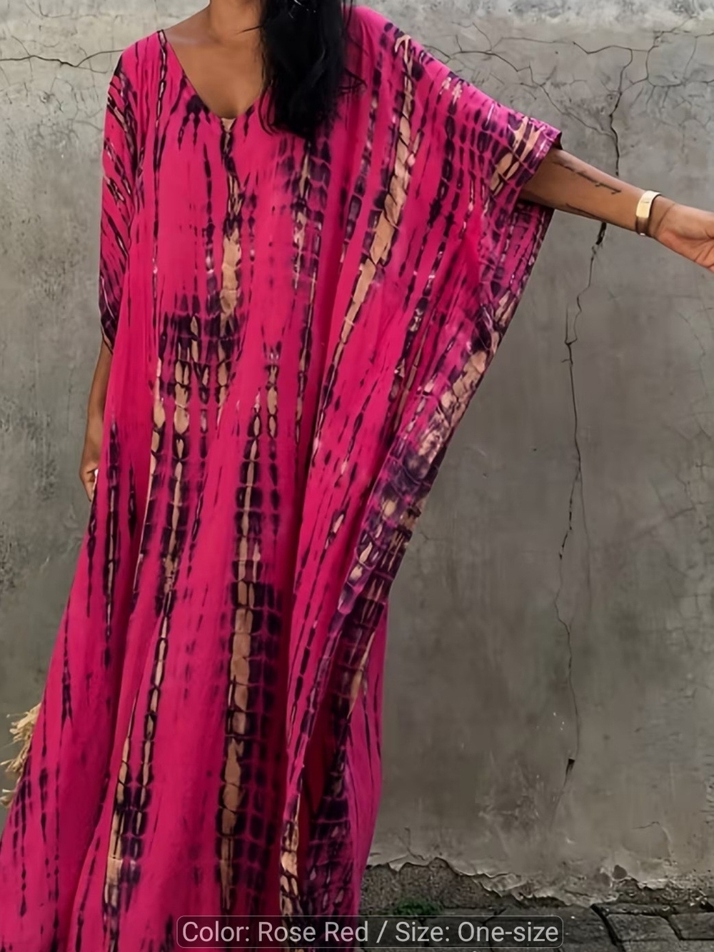 Rose Red Tie-Dye V-Neck Kaftan Dress